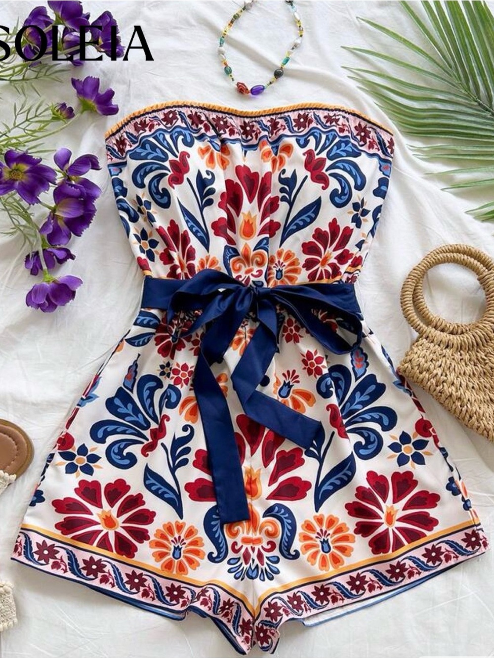 Strapless Floral Print Romper with Navy Waist Tie